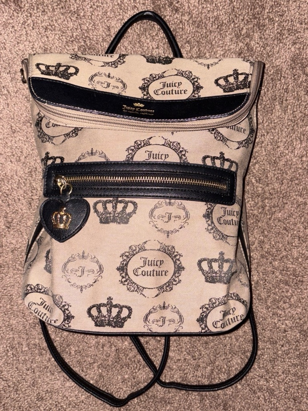 Juicy Couture Beige Canvas Logo-Print Backpack with Black Lettering